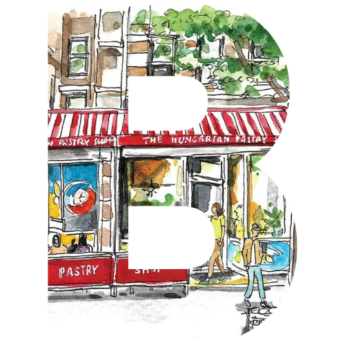 A block letter B with an illustration of the Hungarian pastry shop inside