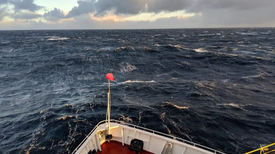 The drill ship JOIDES Resolution makes its way through the far southeast Pacific.