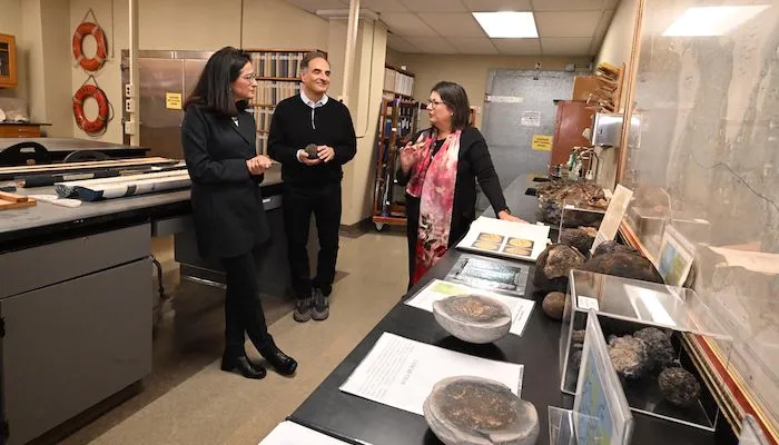 Minouche Shafik with husband and Maureen Raymo at Core Repository at Lamont-Doherty Earth Observatory at Columbia University