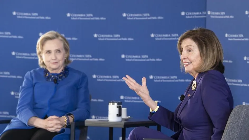 Hillary Clinton and Nancy Pelosi at an event at Columbia's School of International and Public Affairs