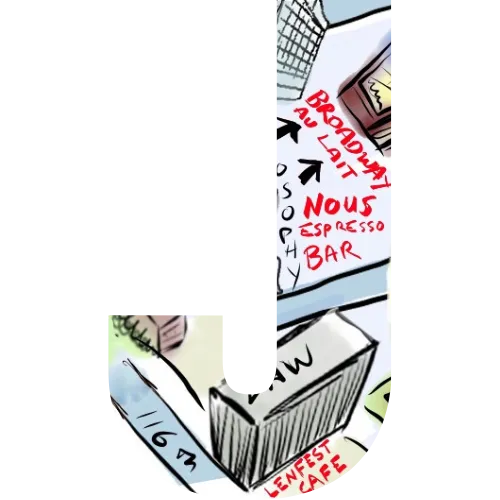A block letter J with illustrated map pointing to coffee inside