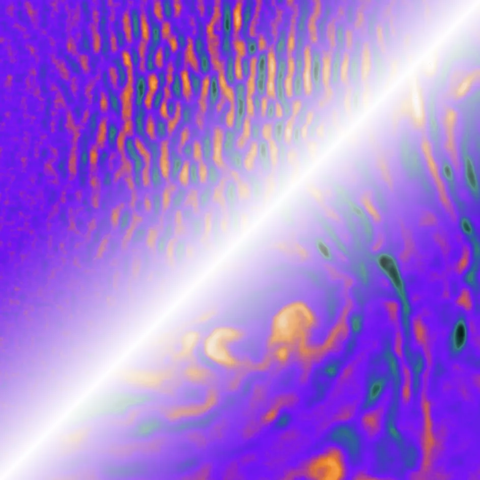 A composite image illustrating the birth and growth of magnetic fields in turbulent plasmas, from weak fields on small scales (top left) to strong fields on large scales (bottom right).