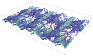 This image is an illustration of the rapid release of magnetic field energy by a process called 'magnetic reconnection,' which happens in environments with very strong magnetic fields, like those around black holes and neutron stars.