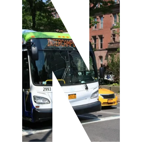 A block letter N with an intercampus shuttle picture in it.