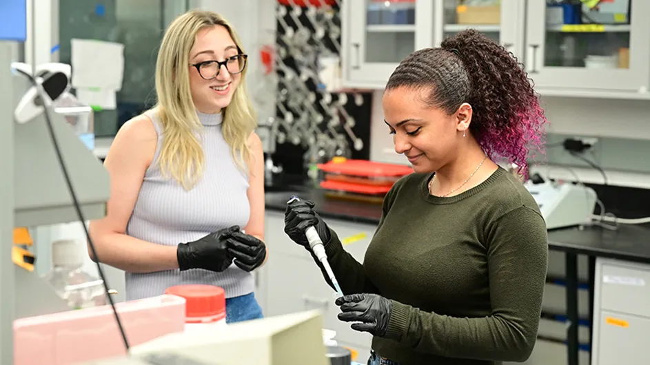 Two students working on a STEM experiment at Columbia University.