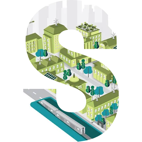 A block letter S with an illustration of green buildings