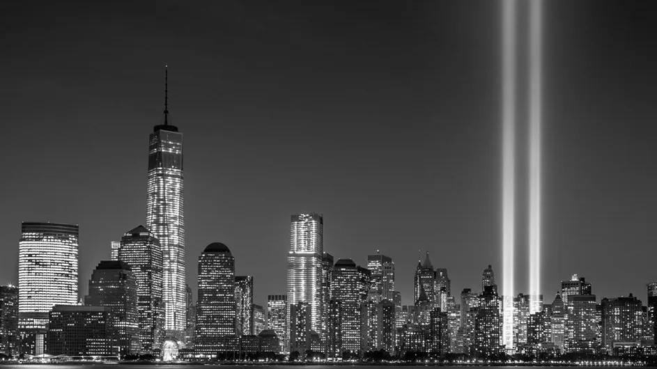 A black and whtie look at the lights for the World Trade Center towers.