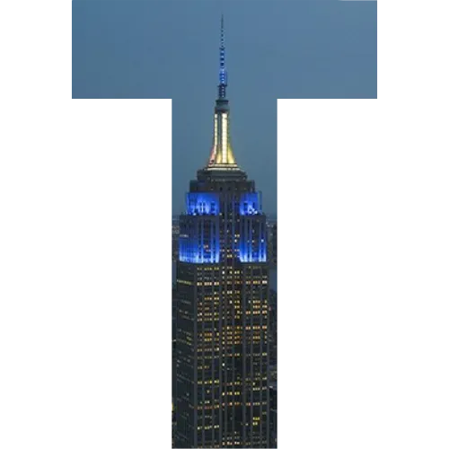 A block letter T with an Empire State Building glowing blue in the center. 
