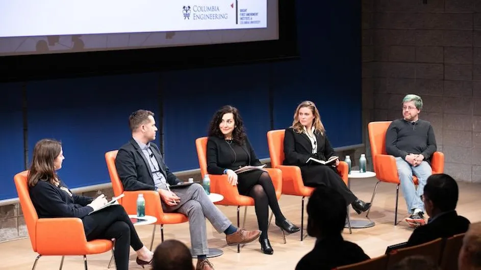 Panelists for “Legal and Philosophical Questions: Information Integrity, Trustworthiness, and the First Amendment," moderated by Katy Glenn Bass of the Knight First Amendment Institute. Photo by David Dini/Columbia Engineering