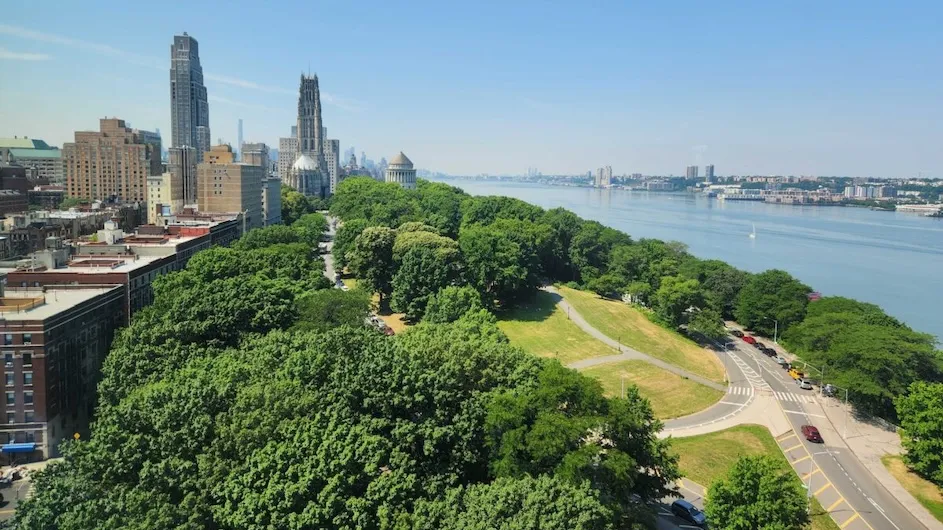 Birds-eye view of trees on Upper West Side and Riverside Park looking south. 