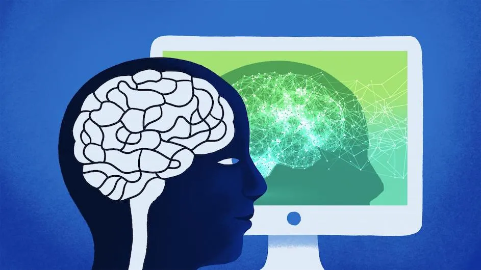 Illustration of a human brain in front of a computer screen.