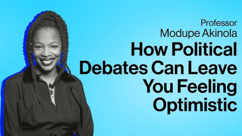 Image of Columbia Business professor in a video talking about how political debates can leave you feeling optimistic.