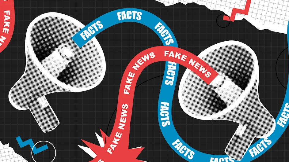 Illustration showing megaphones announcing "facts" and "fake news."