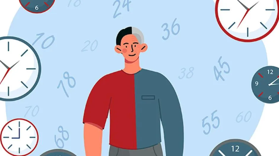 Illustration of a person in front of several clocks.