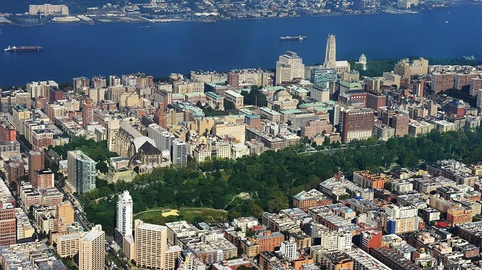 Aerial view of Columbia's Morningside campus on New York City's Upper West Side, looking west to the Hudson River