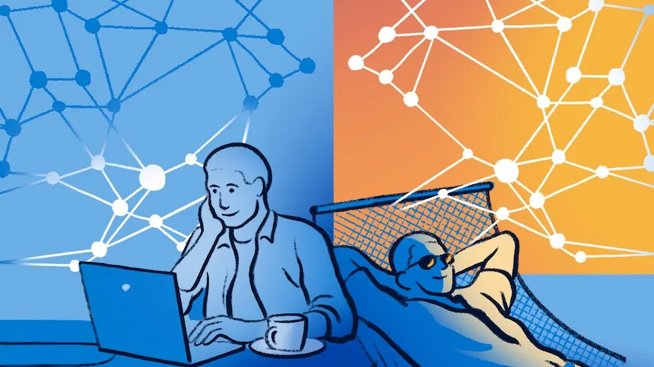 Illustration of a person actively studying and a person relaxing. The person relaxing is shown in front of a neural network that is more brightly illuminated than the person who is actively studying.