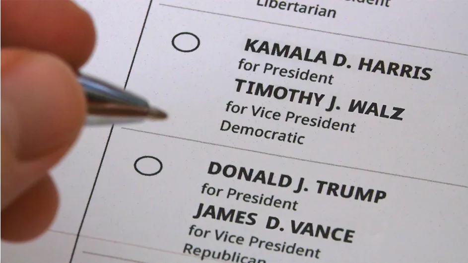 A U.S. presidential election ballot showing choices between Kamala Harris and Tim Walz and Donald Trump and James Vance. 