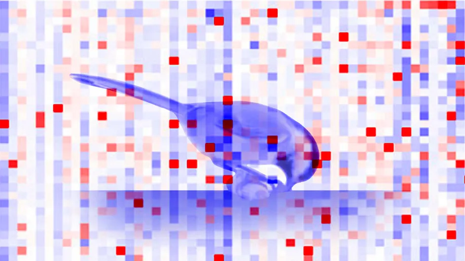 Illustration of chickadee caching a seed overlaid with a neural ‘barcode’ activity.