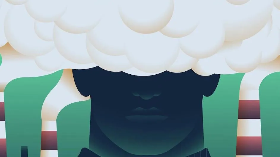 Illustration of an oversized human head being covered by clouds coming from smokestacks.