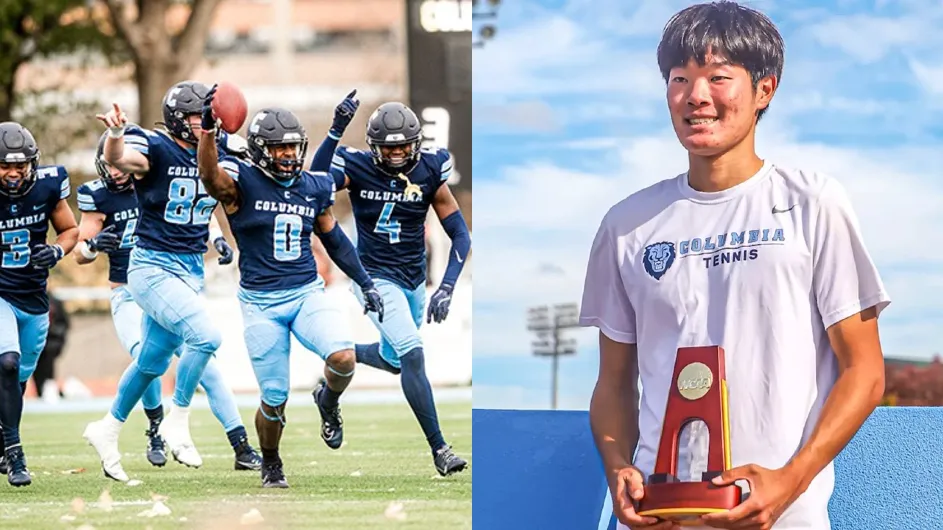 Composite photo of Columbia Football players celebrating an interception and Michael Zheng posing with his NCAA Men's Tennis Singles trophy.