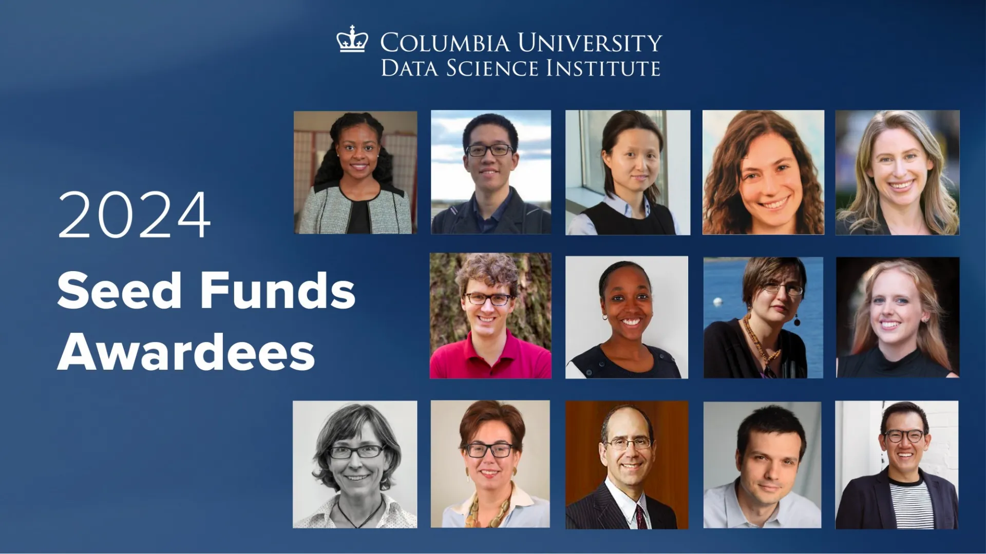 A graphic showing the awardees of the 2024 Data Science Institute Seed Funds.