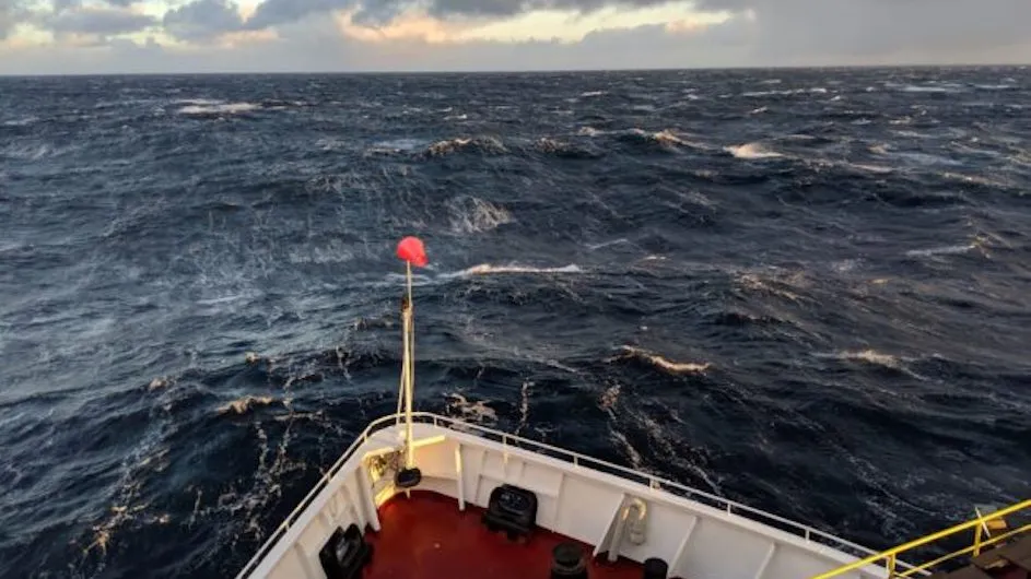 Scientists extracted a 5.3 million-year record of the Antarctic Circumpolar Current by drilling sediment cores in the Earth’s most remote waters. Here, the drill ship JOIDES Resolution makes its way through the far southeast Pacific. (Gisela Winckler)