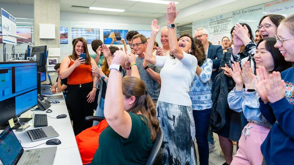 The Short-Baseline Neutrino Detector collaboration celebrated the moment the detector began running
at 100% voltage. Credit: Dan Svoboda, Fermilab