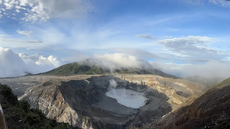 The mile-wide crater of Costa Rica’s Poás Volcano hosts a steaming lake that occasionally explodes. Debris from past eruptions covers an area of 150 square miles around it. 