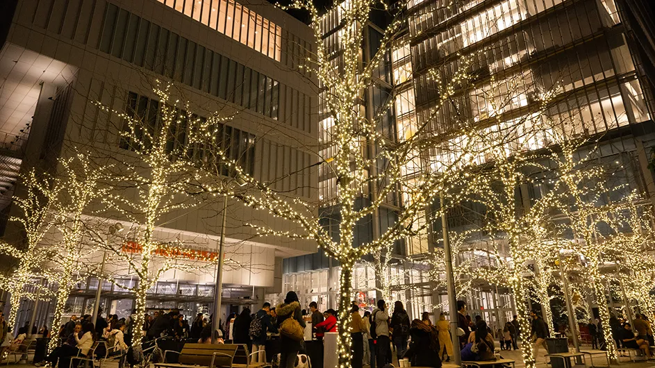 A crowd gathers on the lighted holiday tree-lined plaza in front of Jerome L. Greene Science Center and Lenfest Center for the Arts at Columbia Manhattanville at night.