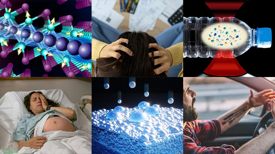 Collage image of: CeSiI, a van der Waals crystal; a person holding head in hands; a water bottle with nanoplastics; an angry driver in a car; lithium-ions approaching the solid electrolyte interphase on a lithium metal anode; and a pregnant person in distress.