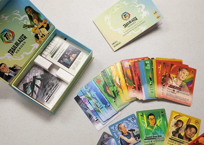 A slick, compact carrying case for the Trailblazer Heroes card game.