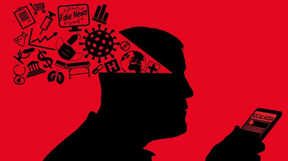 Illustration of a person reading social media and absorbing misinformation.