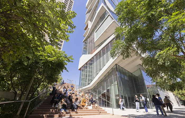 Students gather in front of the Vagelos Education Center on the first day of classes.