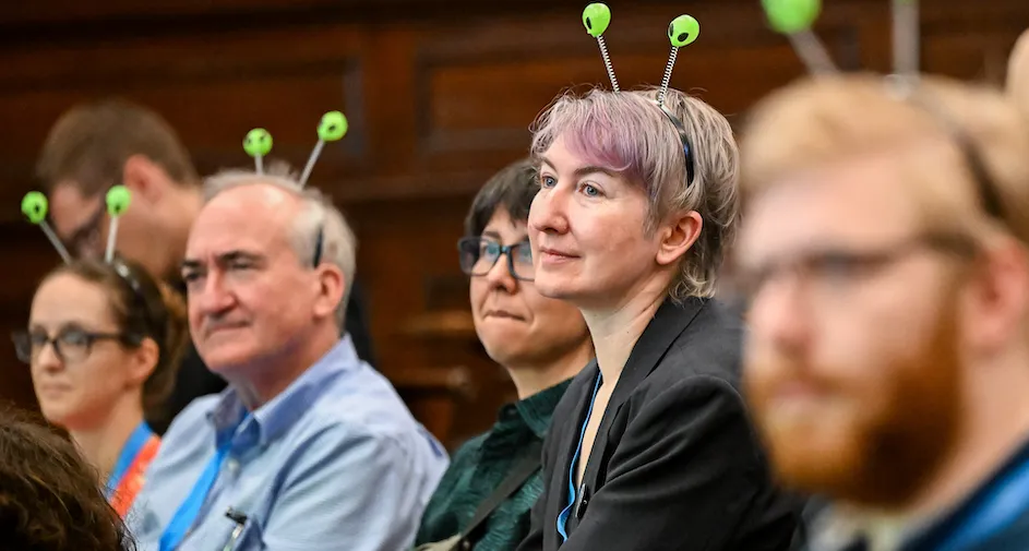 Event attendees wore martian headbands to indicate that they could answer questions about astronomy.