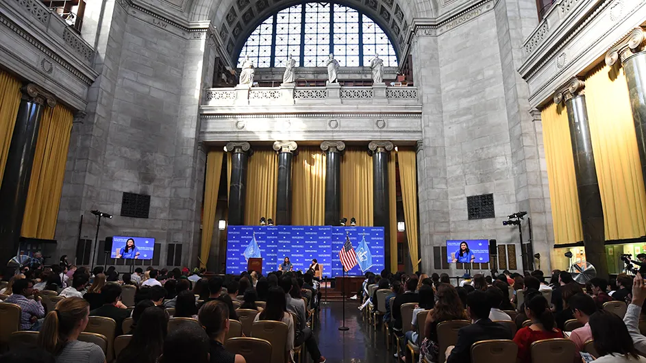 A forum with a live audience in Low Library rotunda.