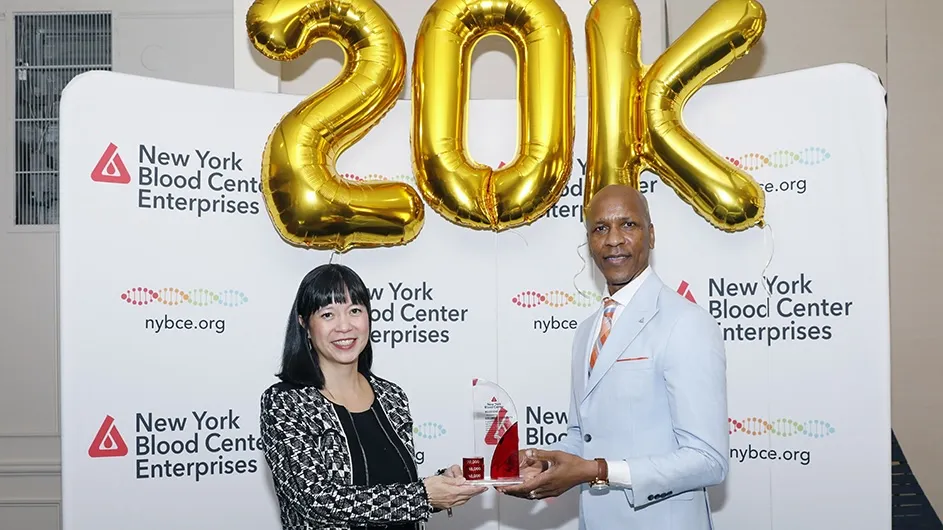 Virginia Lam Abrams, senior vice president of public affairs for Columbia University, and Junior M. Benjamin, director of community outreach and human resources manager at the University, at the New York Blood Center's blood drive held at Columbia University