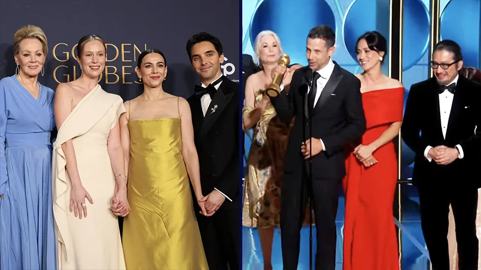 Left: Jean Smart, Hannah Einbinder, Lucia Aniello, and Paul Downs posing for a photo at the Golden Globes. Right: Justin Marks making his Golden Globes acceptance speech.