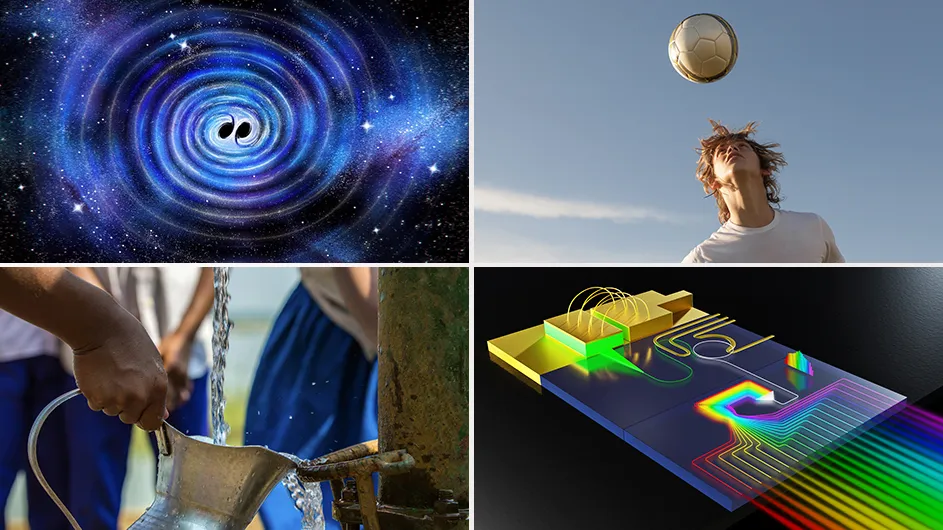 Clockwise from top left: When two black holes collide and merge, they release gravitational waves (Maggie Chiang for Simons Foundation); a person heading a soccer ball; this schematic illustration shows the diffractive element in the high-power microcomb source separating comb lines spectrally (Michal Lipson lab); A person filling a water jug (Lingkon Serao)