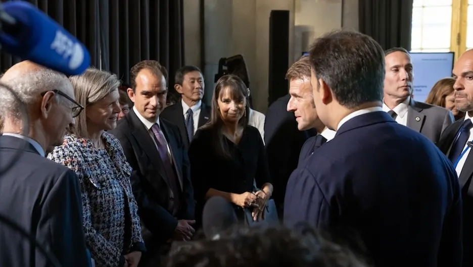 Columbia University Provost Angela Olinto meets with President Emmanuel Macron of France.
