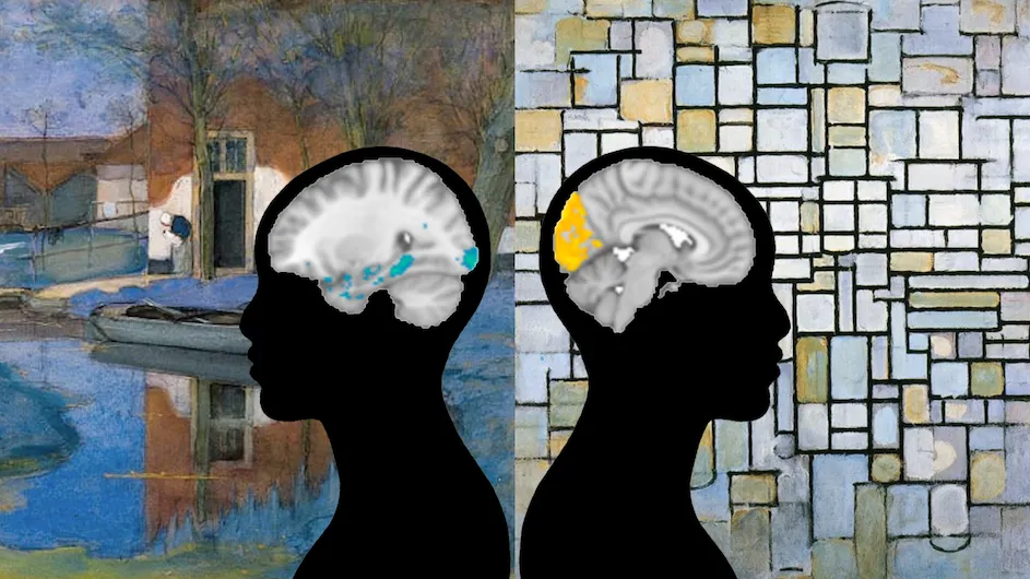 Brain scans show areas that tend to activate when viewing art that is representational (left) vs abstract (right). (Credit: Piet Mondrian / Celia Durkin / Shohamy lab).