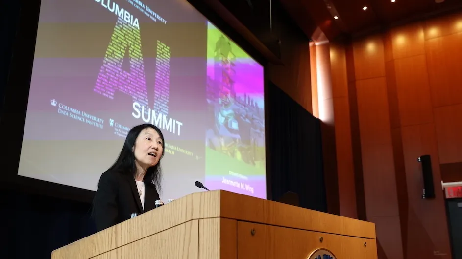 Executive Vice President for Research Jeannette Wing speaks at the Columbia AI Summit.