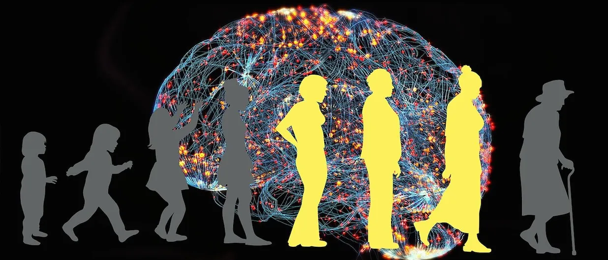 Illustration of a person over the course of a life overlaid on an image of the brain