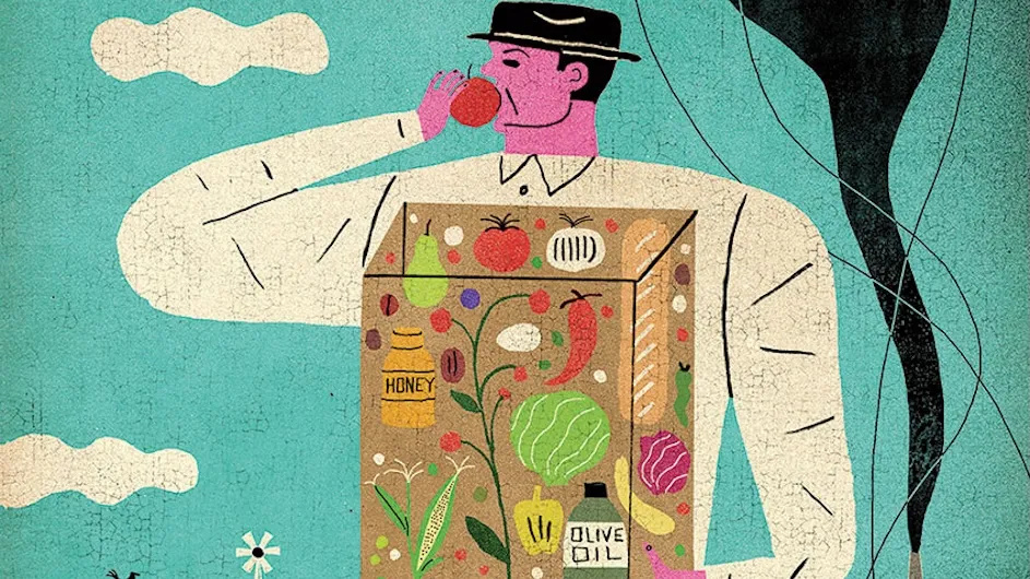 Illustration of a person eating healthy food.