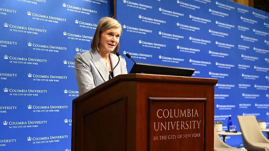 Provost of the University Angela Olinto speaks at the Columbia AI Summit in Low Library.