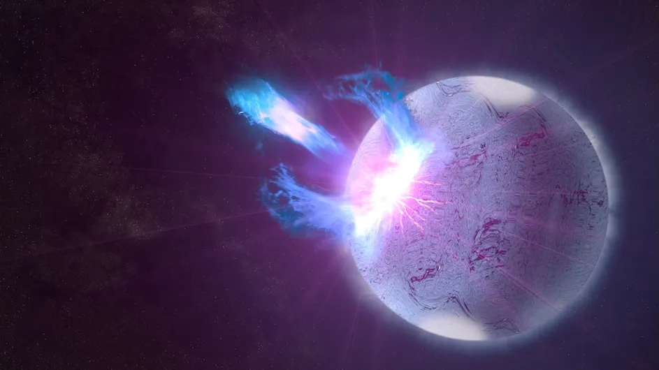 A rupture in the crust of a highly magnetized neutron star, shown here in an artist's rendering.