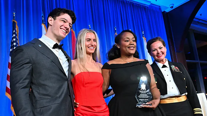 Jazmine McBride, Assistant Director of Student Engagement and Veteran Initiatives, School of General Studies, receives The Military Veterans of Columbia University Quill Award.