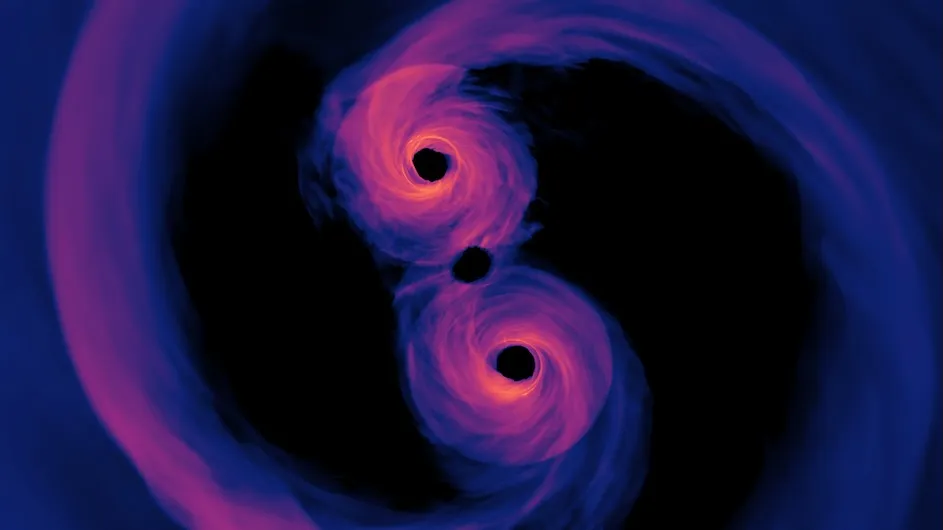 A snapshot from a simulation of two black holes in a cosmic dance as they move closer and closer to merging. (NASA's Goddard Space Flight Center/Scott Noble; simulation data, d'Ascoli et al. 2018)