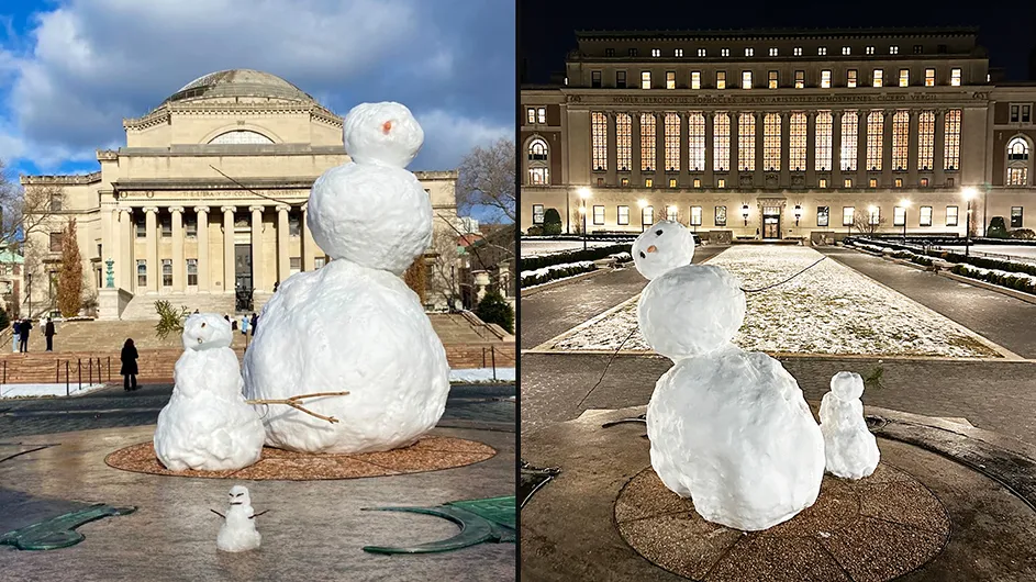 A composite of a snow family of three on the Sundial with Low Library in the background on a sunny day alongside this snow family with illuminated Butler Library in the background at night at Columbia University.