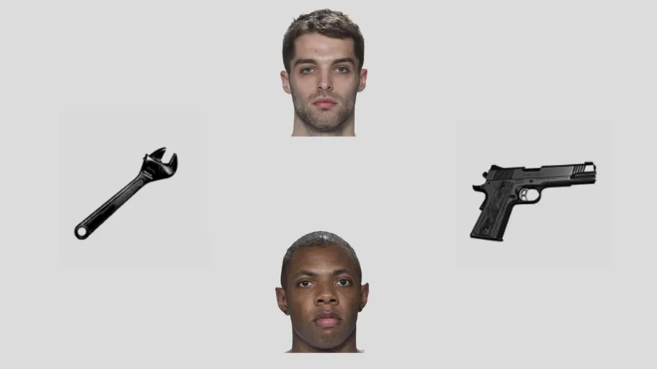 Illustration of images scene by study subjects, including a wrench, two faces, and a gun.