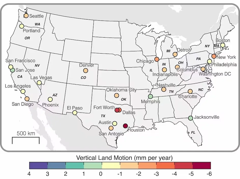 Urban Land Subsidence in US Cities. The average rate of vertical land motion (VLM) for 28 U.S. cities as evaluated in this study. Each circle is color-coded to the respective average VLM for each city.